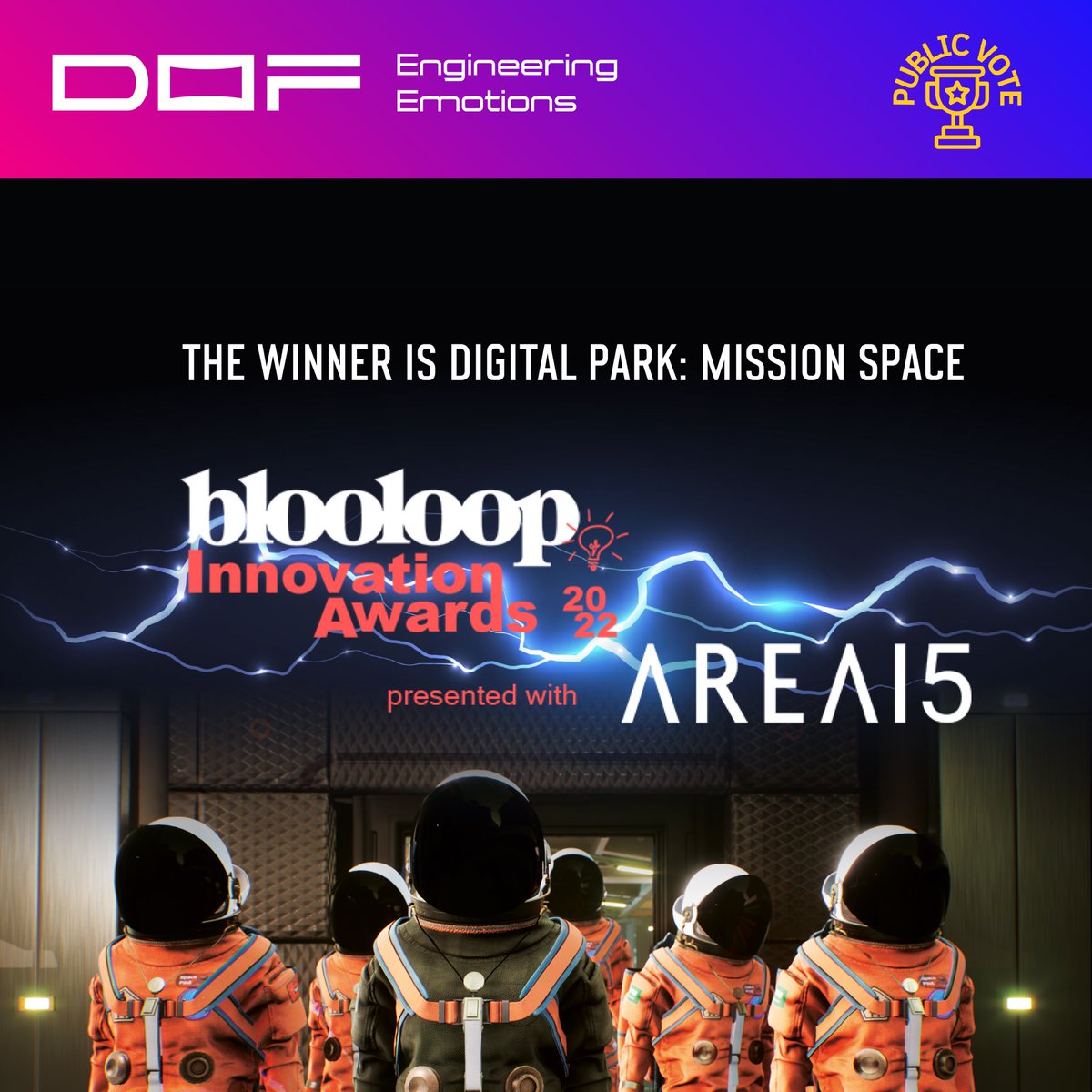 dofrobotics's tweet photo. Another award to Digital Park: Mission Space…
We can’t be more excited to announce that Digital Park: Mission Space has won the Public Vote Award at Blooloop Innovation Festival.
#dof #missionspace #missionmoon #digitalpark #engineeringemotions #blooloop #publicvote https://t.co/C7o7PR0ueY