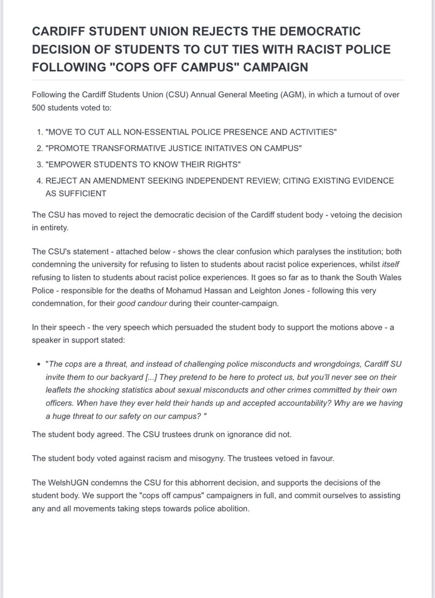 🚨CARDIFF STUDENT UNION REJECTS THE DEMOCRATIC DECISION OF STUDENTS TO CUT TIES WITH RACIST POLICE FOLLOWING "COPS OFF CAMPUS" CAMPAIGN. 

Full statement: