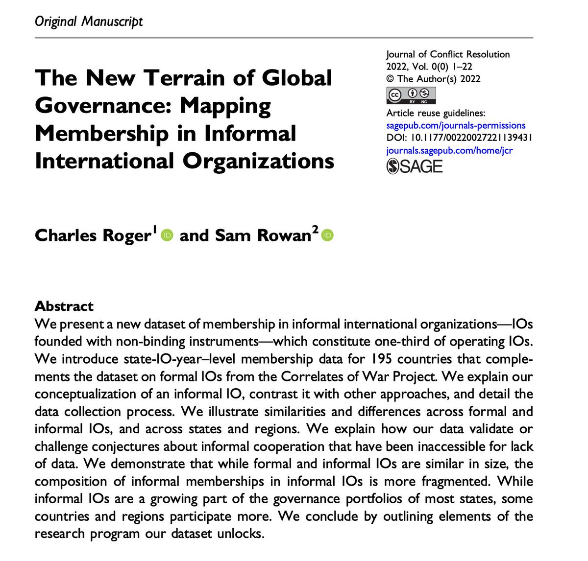 *New article* in #JCR presenting country-year data on state membership in informal IOs 📈

Coauthored w <a href="/_samsrowan/">Sam Rowan</a>, this complements the existing <a href="/correlatesofwar/">correlatesofwar</a> formal IO dataset and unlocks our ability to study these bodies.

Link (open access): doi.org/10.1177/002200…

🧵👇
