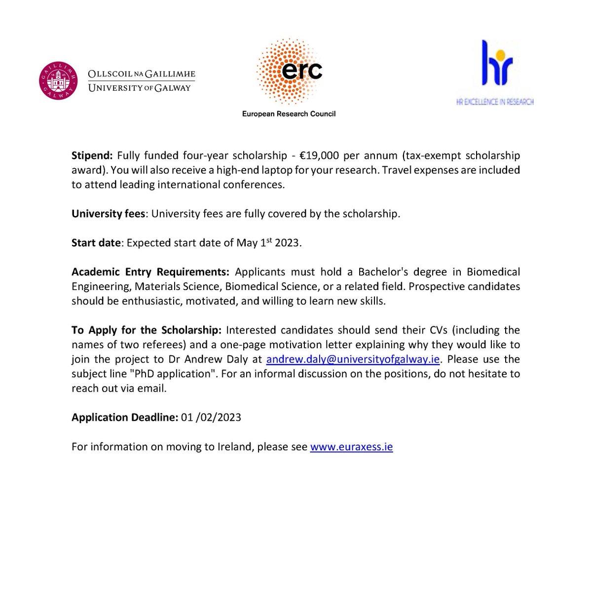 Daly Biofabrication Group (@daly_biofab_lab) on Twitter photo We have PhD positions available in our lab to work on our new <a href="/ERC_Research/">European Research Council (ERC)</a> project focused on bioprinting models of heart development.
<a href="/CURAMdevices/">CÚRAM</a> <a href="/Bio_Eng_NUIG/">Biomedical Engineering University of Galway</a>
Details below: We have PhD positions available in our lab to work on our new <a href="/ERC_Research/">European Research Council (ERC)</a> project focused on bioprinting models of heart development.
<a href="/CURAMdevices/">CÚRAM</a> <a href="/Bio_Eng_NUIG/">Biomedical Engineering University of Galway</a>
Details below: