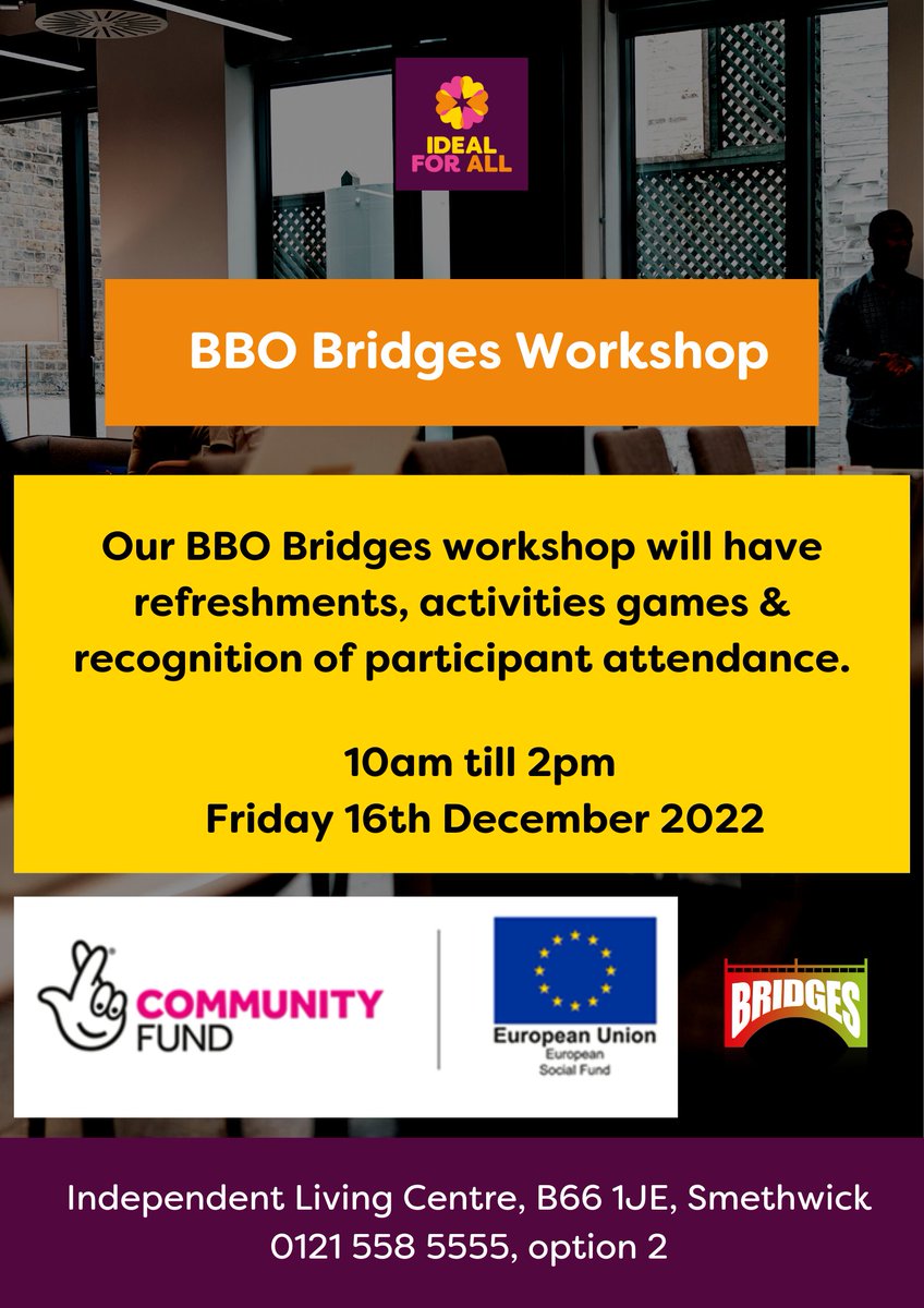 Come and join us on Friday 16th December for our Bridges workshop from 10am-2pm. We look forward to seeing you there.