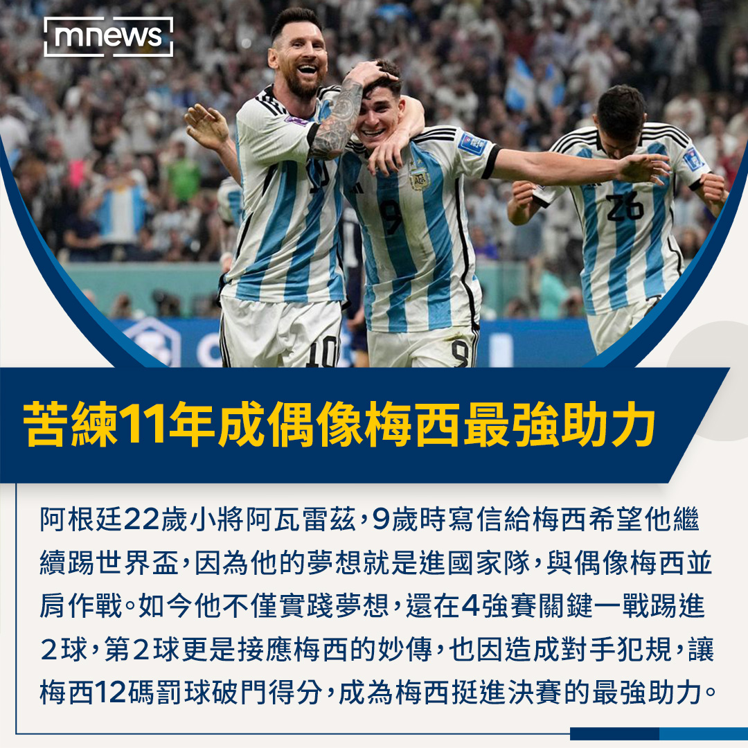 這夢想實踐的太厲害了！👏 22歲小將 ，接應偶像 妙傳破門得分，這一幕真的太感動了～🥹 @WeAreMessi @julianalvarezzz 👇阿瓦雷茲11歲與偶像梅西合照👇 https://t.co/mJX5L7mXzJ 【苦練11年終與梅西並肩作戰