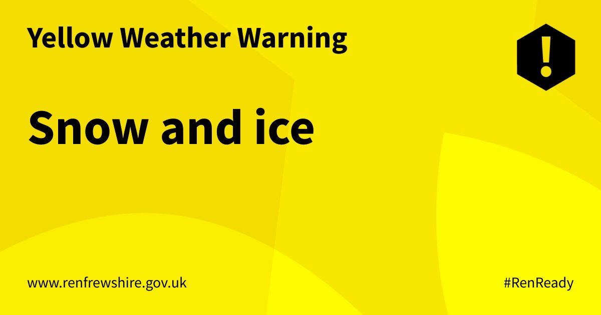 RenCouncil's tweet photo. A yellow weather warning for snow and ice in Renfrewshire has been issued by @metofficeScot.
The warning will be in place from 6am to 11.59pm on Friday (16 December).
Take care if you're out and about.
#RenReady https://t.co/vuGEuXBeuo