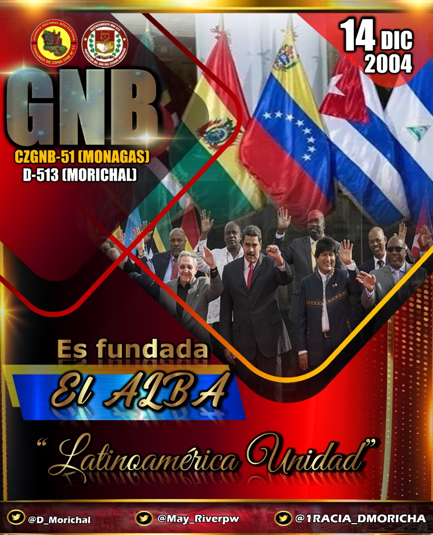 #14Dic de 2004 Un día como hoy, se funda La Alianza Bolivariana para los Pueblos de América (ALBA), que nace de un acuerdo suscrito en La Habana, entre los presidentes de Venezuela, Hugo Chávez, y de Cuba, Fidel Castro.