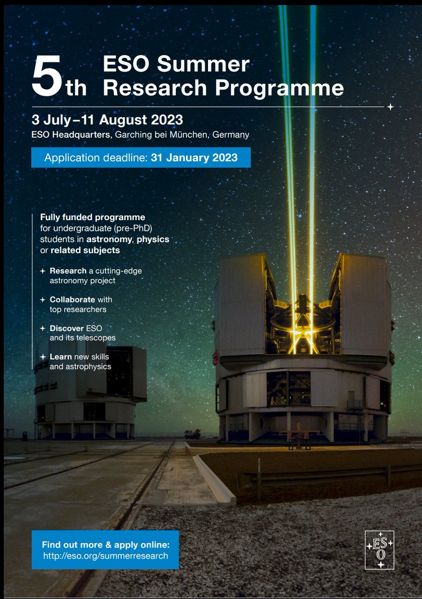 astrodesim's tweet photo. ✨Calls for #undergraduate students✨
Join us at @ESO-Garching for our #SummerResearchProgramme! It's a great opportunity to get hands-on research experience for those not enrolled in a PhD. You will be part of the super active ESO Life! Check it out! 
🔗https://t.co/snzcGVwbgb https://t.co/QI3blvhpcm