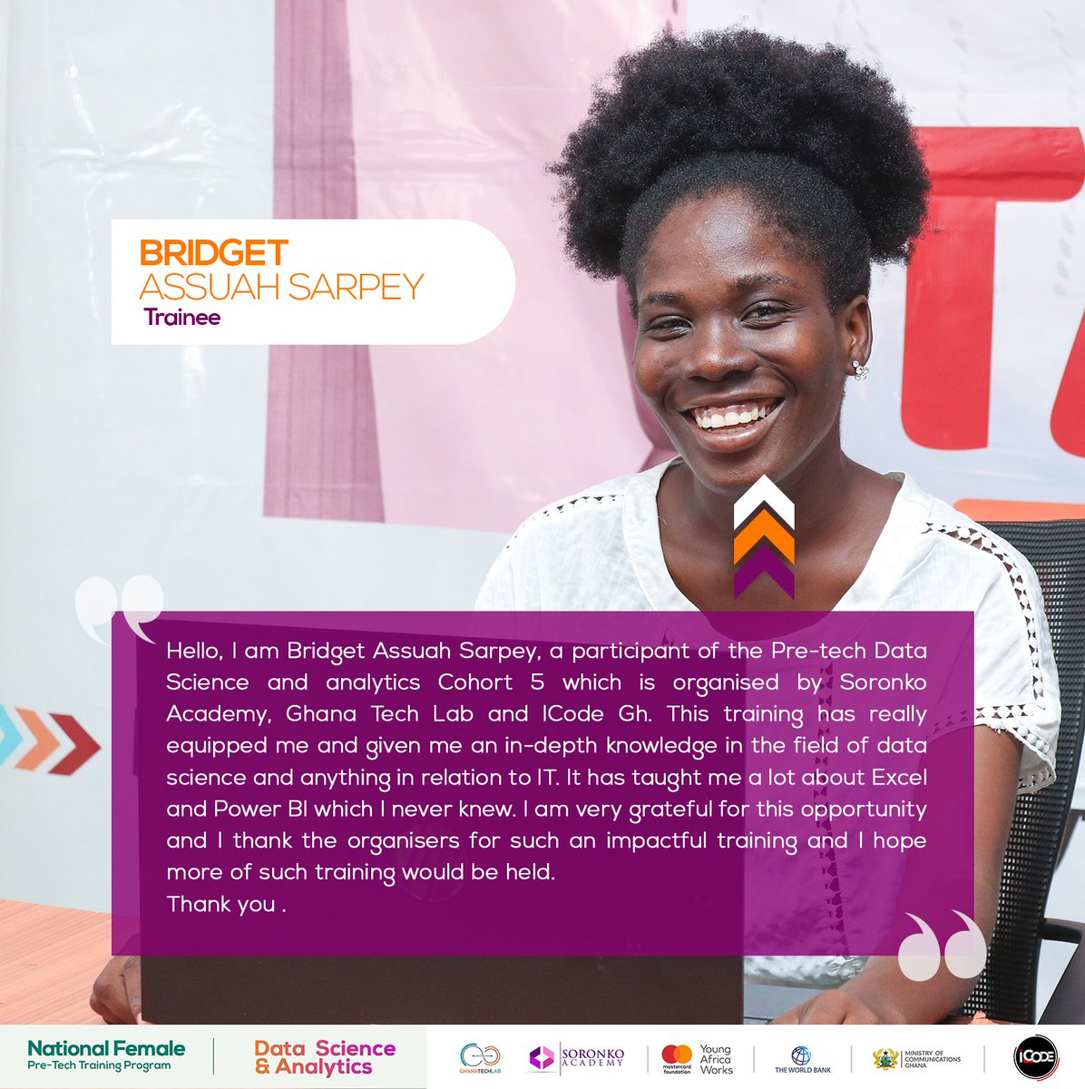 icodeteam's tweet photo. Here is feedback from Bridget Assuah Sarpey, a Data Science PreTech Trainee.
#Icodegh #icodeimpact #PreTechladies #datascience #Employability #feedback https://t.co/To3BDPkuOz