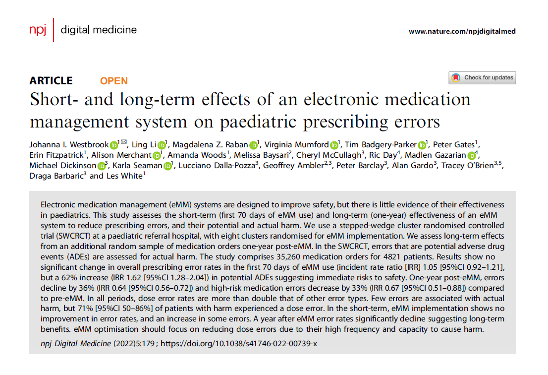 npj Digital Medicine (@npjdigitalmed) on Twitter photo Researchers in <a href="/AIHI_MQ/">Australian Institute of Health Innovation</a> find that ePrescribing shows short-term risks but long term benefits for #medicationsafety in paediatrics. Optimisation of ePrescribing should target prevention + detection of dose errors which are most frequent & pose most risk.
nature.com/articles/s4174… Researchers in <a href="/AIHI_MQ/">Australian Institute of Health Innovation</a> find that ePrescribing shows short-term risks but long term benefits for #medicationsafety in paediatrics. Optimisation of ePrescribing should target prevention + detection of dose errors which are most frequent & pose most risk.
nature.com/articles/s4174…