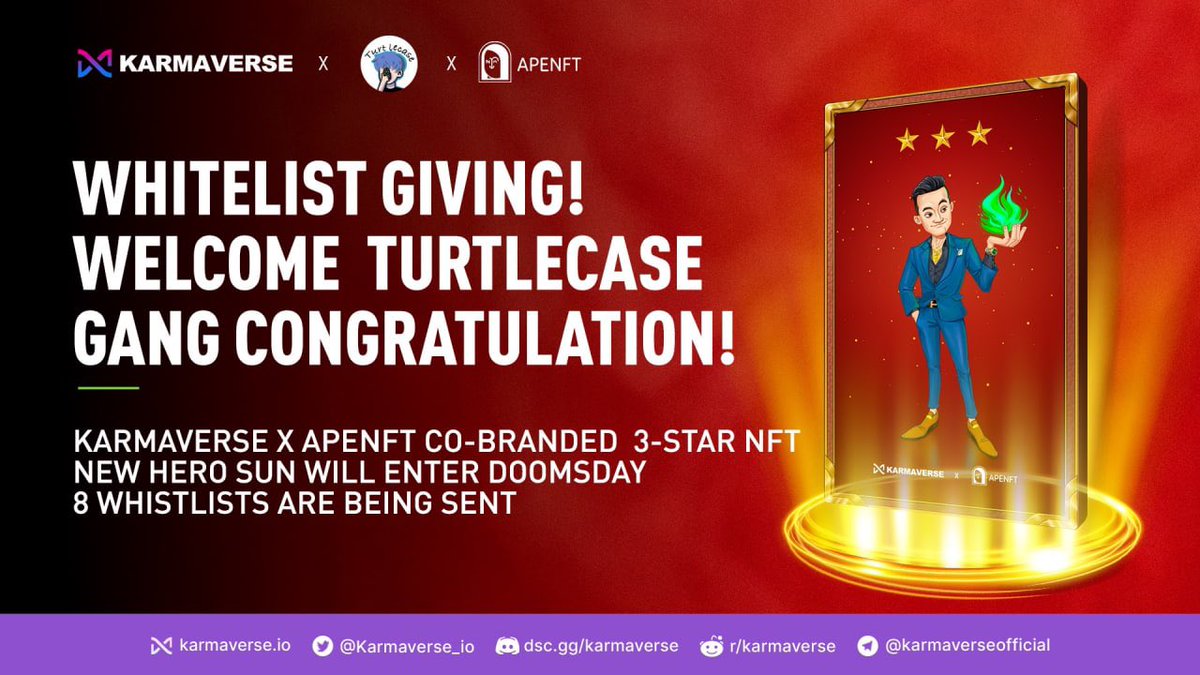 The APENFT x <a href="/Karmaverse_io/">KarmaVerse</a> x <a href="/TurtlecaseGang/">TCG</a> Giving Event is here 🔥

It’s simple ➡️ Complete the tasks and have a chance to win 8 Whitelist Spots 🙏🏼

Get lucky and mint one of 3 co-branded ‘Justin Sun’ Superhero NFTs 🦸‍♂️

⏰Ends 16th Dec. 

Fill here⬇️
gleam.io/MbxSc/apenft-x…
