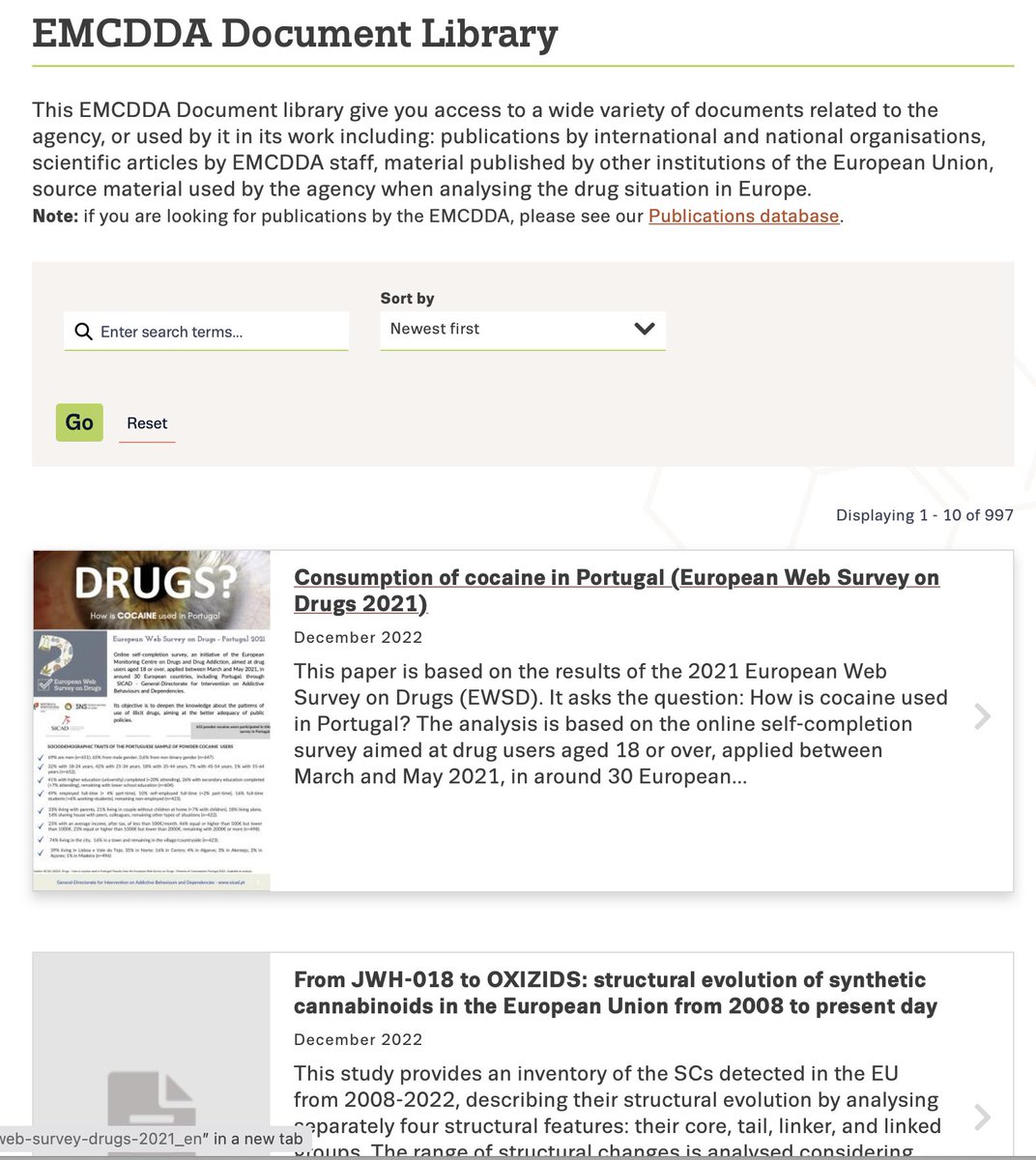 EUDrugsAgency's tweet photo. We've added some interesting new titles to our Document library on a range of subjects including #NPS, #WebSurveys on drugs, #Health and #SCRAs, #cocaine, #Ireland, #Portugal, all linked to EMCDDA projects and initiatives.
Explore our Document library: https://t.co/uYsz64JEo7 https://t.co/5xjpgtcwYd