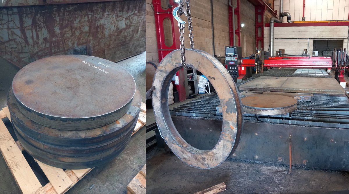 Impressive pieces coming off the Flame machine. These profiles are 75mm and 100mm thick rings and a disc. Over a metre in diameter!

#flame #steel #steelindustry #ukmanufacturing
