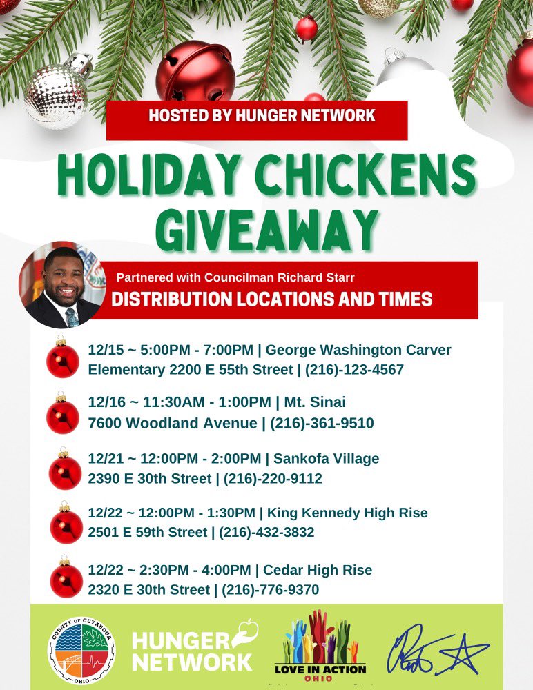 R1chardStarr's tweet photo. Excited to Partner with Hunger Network to Provide Ward 5 Residents With Holiday Chickens. Please Note the 5 Locations &amp; Times.
Don't hesitate to get in touch with Each Specific Location For Additional Information
Regarding the Distribution!
Happy Holidays to All! https://t.co/6cOimqYAmd