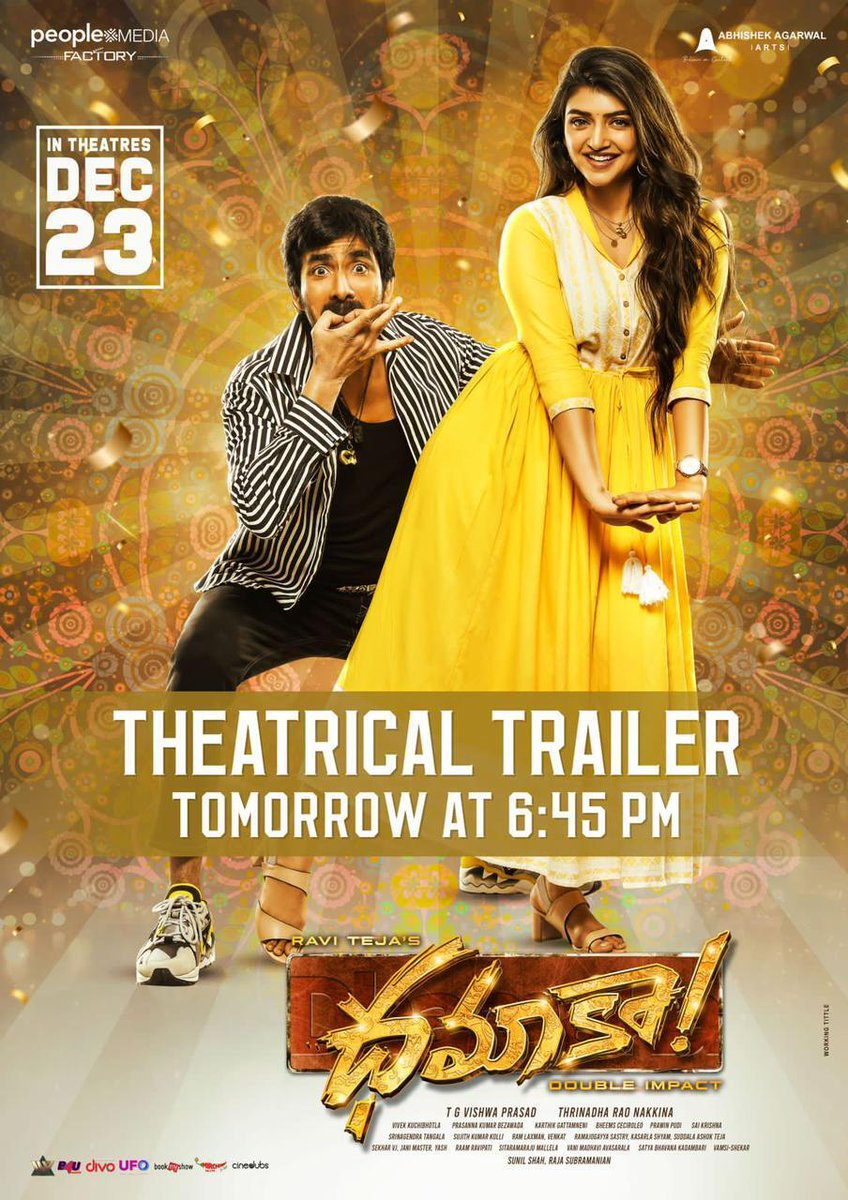 TheNewsof9's tweet photo. Just 1๏ธโฃ Day to Go for #MassMaharaja #RaviTeja 's Mass Storm ๐ฅ
#Dhamaka Trailer Releasing on Tomorrow at 6๏ธโฃ:4๏ธโฃ5๏ธโฃPM
#DhamakaFromDec23
#Sreeleela #TrinadharaoNakkina
#vishwaprasadtg #vivekkuchibotla #KumarBezwada https://t.co/ObFI2ACMMx