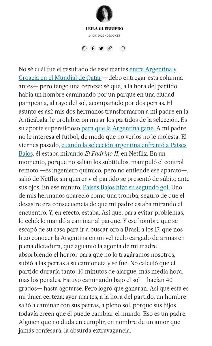 Un necio: como puede generar algo el fútbol si son 22 boludos corriendo atrás de una pelota.
Leila Guerriero: