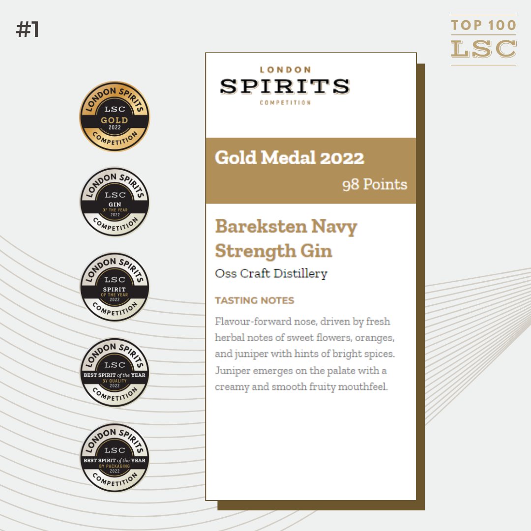 Top100LSC's tweet photo. 'Spirit Of The Year'!🍸

Hatching 98 points and a Gold Medal at the London Spirits Competition (@londoncomps) - Bareksten Navy Strength Gin by Oss Craft Distillery (@barekstengin) from Norway stole the show with all its might.

Grab them this festive season!

#Christmasgifts https://t.co/WxJ4Tk19N3