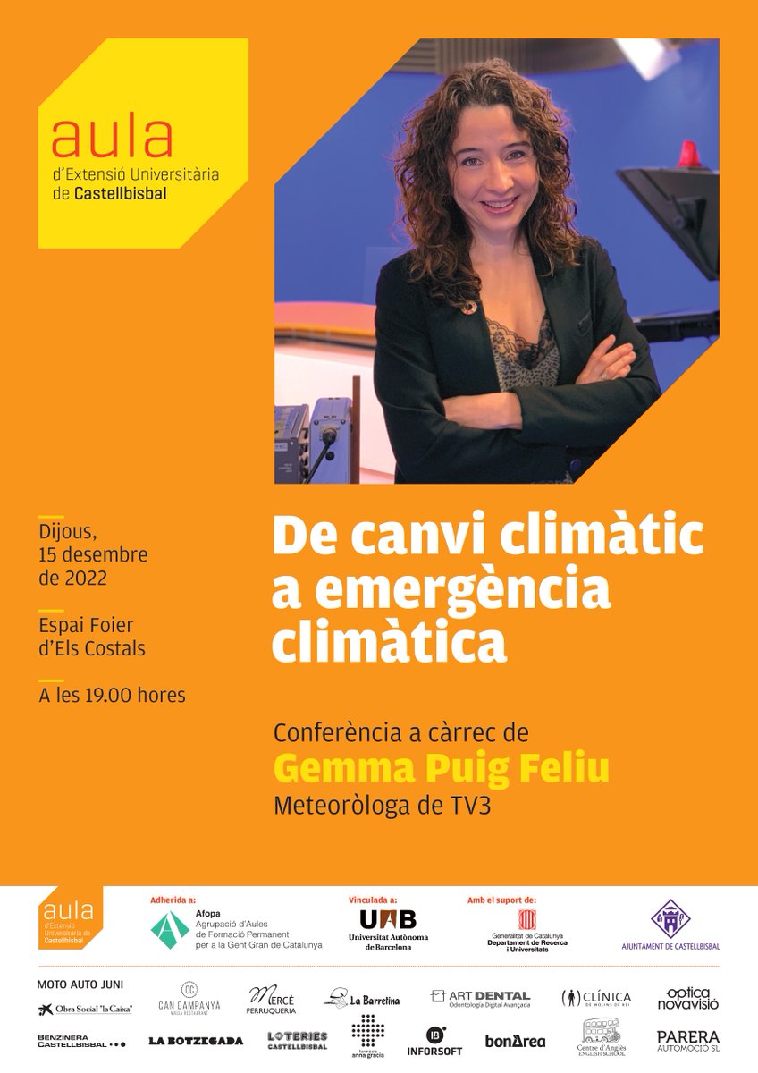 Ajcastellbisbal's tweet photo. #EntitatsCB 🌍💬 Demà tindrem una nova conferència "De canvi climàtic a emergència climàtica" amb la @gemmapuigf meteoròloga de TV3

🗣 Parlarem sobre els efectes de l'escalfament global i i com adaptar-nos al canvis futurs

⏰ A les 19.00 h
📍 Espai Foier d'Els Costals https://t.co/bCQHYpb40J