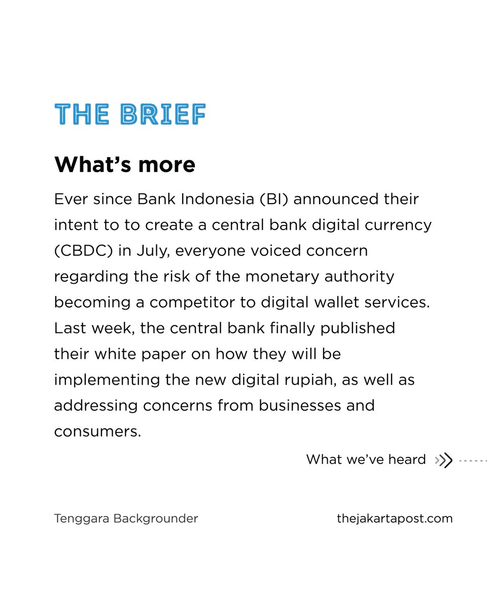 tenggaraid's tweet photo. Tenggara Backgrounder
Digital rupiah to pressure electric money and digital wallet dominance
Want to read more? Click link on our bio or visit https://t.co/LW9fHRrMdW
#tenggarabackgrounder #thebrief #bankindonesia #digitalrupiah #CBDC #projectgaruda #metaverse #crypto https://t.co/OEkxHn0Jkc