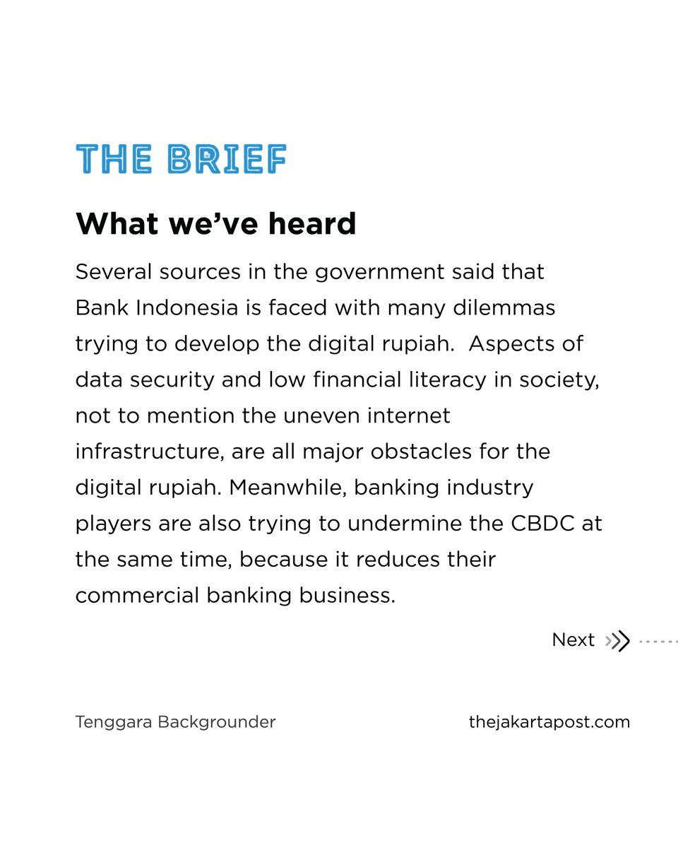 tenggaraid's tweet photo. Tenggara Backgrounder
Digital rupiah to pressure electric money and digital wallet dominance
Want to read more? Click link on our bio or visit https://t.co/LW9fHRrMdW
#tenggarabackgrounder #thebrief #bankindonesia #digitalrupiah #CBDC #projectgaruda #metaverse #crypto https://t.co/OEkxHn0Jkc