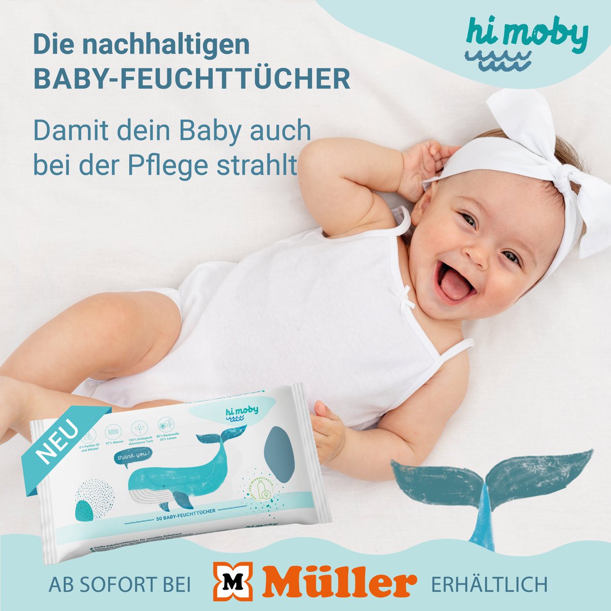 Damit dein Baby auch bei der Pflege strahlt 🥰 

Dank der einmaligen wasserregulierenden Eigenschaften der Leinenfasern, versorgen die hi moby Baby-Feuchttücher die Haut deines Babys mit ausreichend Feuchtigkeit. 

JETZT bei deinem Müller Drogeriemarkt 🤩