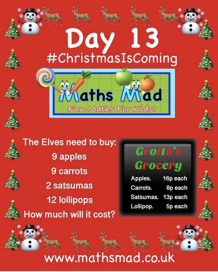 mathsmadcouk's tweet photo. Day 13 Advent Calendar 
#maths #primary #shopping #Christmas #christmasiscoming https://t.co/SCgIPMZjqC