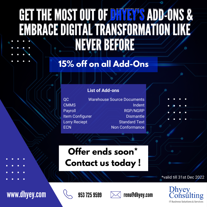 DhyeyConsulting's tweet photo. We are excited to announce a 15% discount on all of our Add-On solutions for our Partners. This is a limited-time offer, so hurry up and take advantage of it now.
Learn more : https://t.co/B9rANMHmZG
#DhyeyConsulting #microsoftpartner #Businesscentral #addons #addonsolutions https://t.co/8sBAZw1dnG