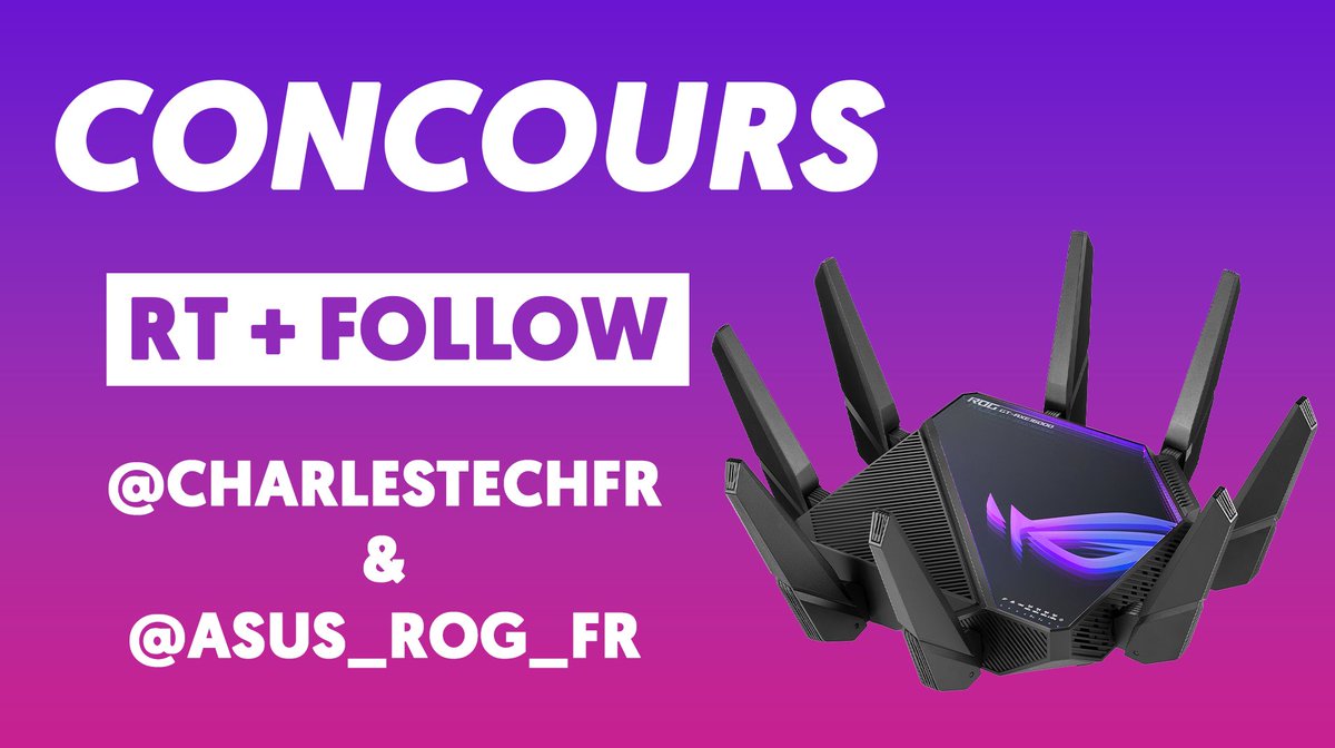 charlestechfr's tweet photo. 🎁 #CONCOURS - Avec ça et la fibre, tu ne te plaindras plus JAMAIS de ta connexion ! Asus ROG Rapture GT AXE 16000 - Wi-Fi 6E 😍

🔁 RT ce tweet
👉 FOLLOW @charlestechfr et @ASUS_ROG_FR 

🔔 Active la cloche pour ne rien louper !

📅 Tirage au sort le 21/12/2022 https://t.co/cc2CNpiaX9