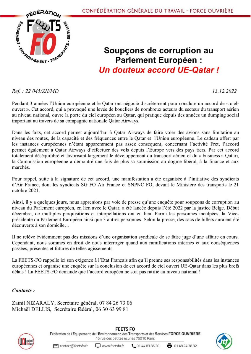 FO_Aerien's tweet image. Soupçons de corruption au Parlement Européen : Un douteux accord UE-Qatar ! bit.ly/3FRn8vO #UnionEuropéenne #Qatargate @force_ouvriere @FeetsFO @SouillotFo @FO_AF @Snpnc_Fo