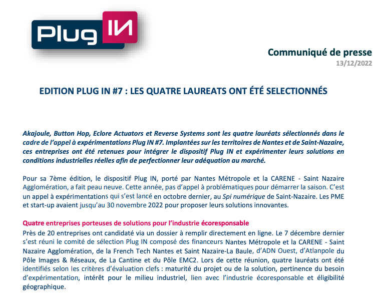 [#PlugIn] 🚀Le jury a rendu son verdict : les 4 lauréats de l'édition #7 du dispositif porté par <a href="/Polemc2/">Pôle EMC2</a> sont connus. Bravo 👏👏👏 aux 2 adhérents de notre Communauté retenus pour la suite de l'aventure <a href="/button_hop/">Button Hop 🔜CES2024</a> et #Akajoule (via sa plateforme #Datajoule)⤵️ #innovation