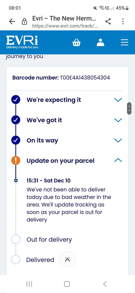 @katiebentley0 @BBCWatchdog Same for me with @hm parcel stuck with Evri since December 10th due to bad weather but I have a parcel from another company coming today