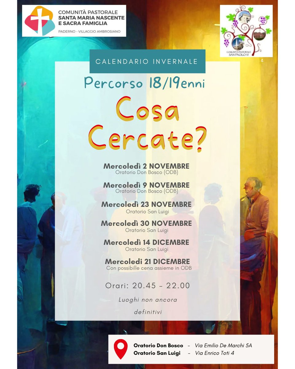 Questa sera alle 20:45 Incontro del percorso 18/19enni pesso l'Oratorio San Luigi. #oratorio #comunitàpaolovi