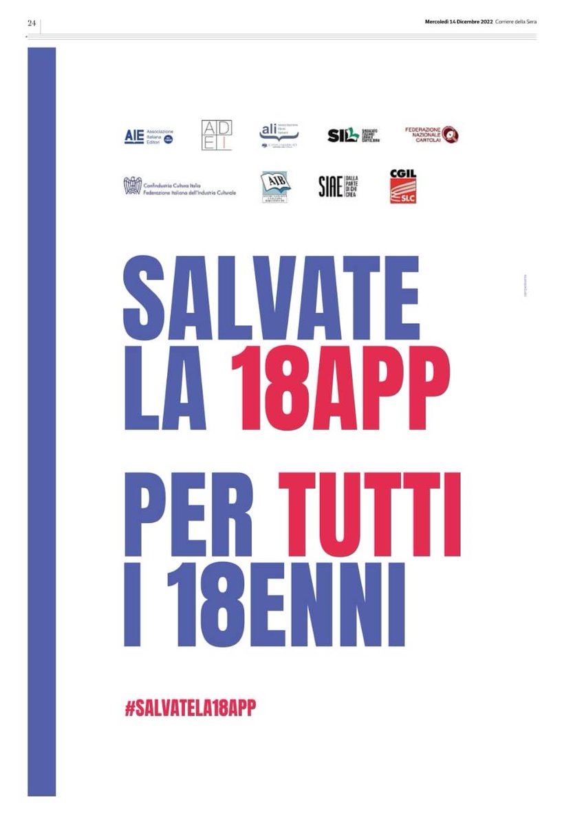 #salvatelaapp18🔴🔴SALVATE LA 18APP. PER TUTTI I 18ENNI📰📚Oggi sul Corriere l'appello di tutte le ASSOCIAZIONI del mondo del libro per salvare l'APP18 #ALI #AIE #SIL <a href="/ADEI_official/">ADEI</a> #Federcartolai <a href="/AIB_it/">AIB - Associazione italiana biblioteche</a> <a href="/SIAE_Official/">SIAE</a> <a href="/SlcCgil/">Slc Cgil Nazionale</a> @SIL <a href="/Confcommercio/">Confcommercio</a> #ConfindustriaculturaItalia