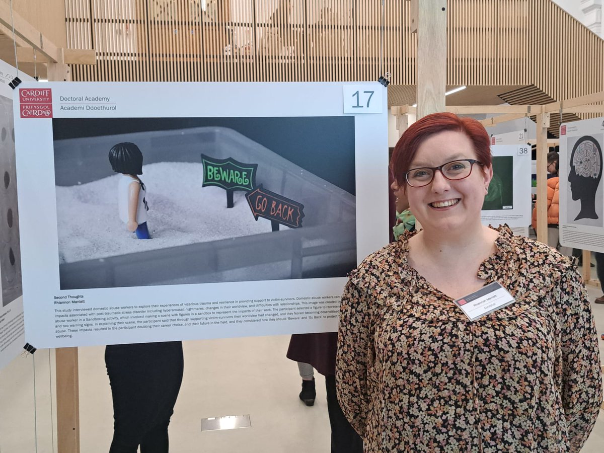 Last night with my entry at the @CardiffDA #ImagesofResearch exhibition 📸 I didn't place, but I had some wonderful conversations with people about my #PhD, #sandboxing, #creativemethods & #vicarioustrauma in #domesticabuseworkers 💬💬