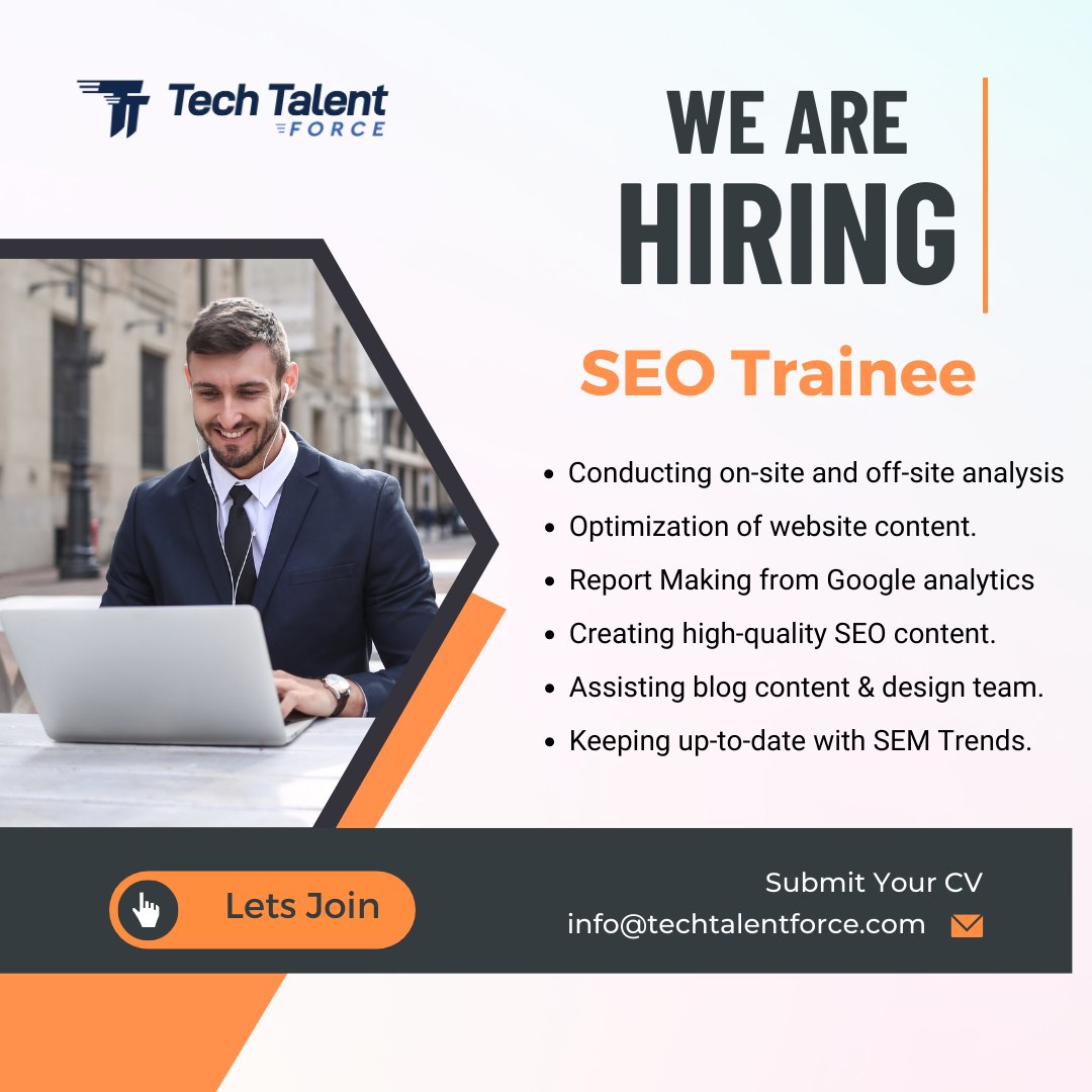 Hello #freshers, Hiring Alert!!

𝗧𝗲𝗰𝗵 𝗧𝗮𝗹𝗲𝗻𝘁 𝗙𝗼𝗿𝗰𝗲 is hiring for SEO Trainee.

Interested candidates can share their CVs at info@techtalentforce.com or call on 8780335369

#hiring #resume #connections #hr #seo #techtalentforce #ahmedabadjobs #5daysworkingfromoffice