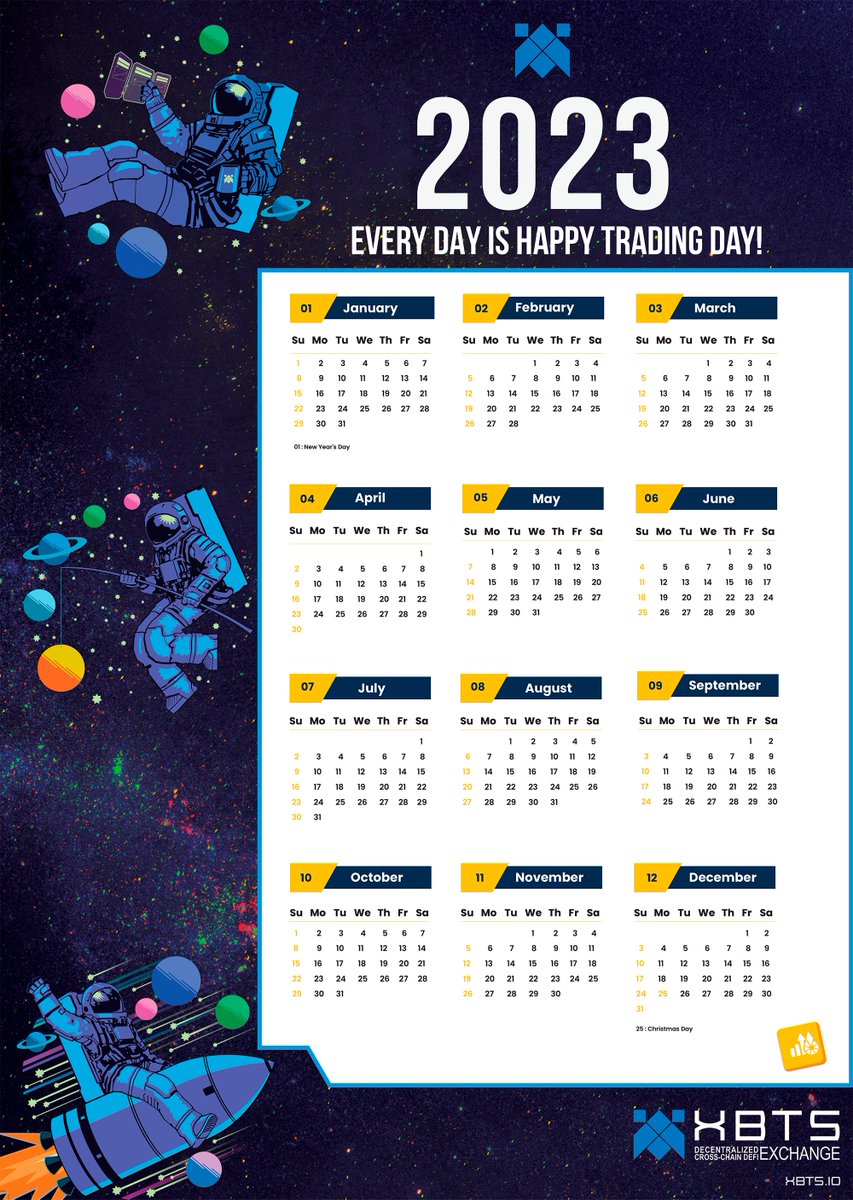 We’ve been planning ahead for an amazing 2023 at XBTS and BitShares. And we’d put out a little calendar to remind the #XBTSArmy that EVERY DAY Is Happy Trading Day! Get ready too!

🌴2023 Calendar 
feel free to print!

#xbtsdex #bitshares #dex #Christmas #Calendar #trading #DeFi