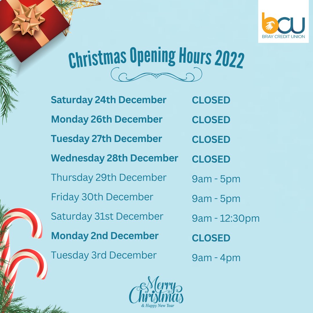BrayCreditUnion's tweet photo. Our Christmas and New Year Opening Hours are as follows.

**Reminder to all members to complete any transfers in or out before the 23rd of December.**

Wishing all our members a very happy Christmas &amp; New Year,

Bray Credit Union Team ❄ https://t.co/Lqlv8fWoCv