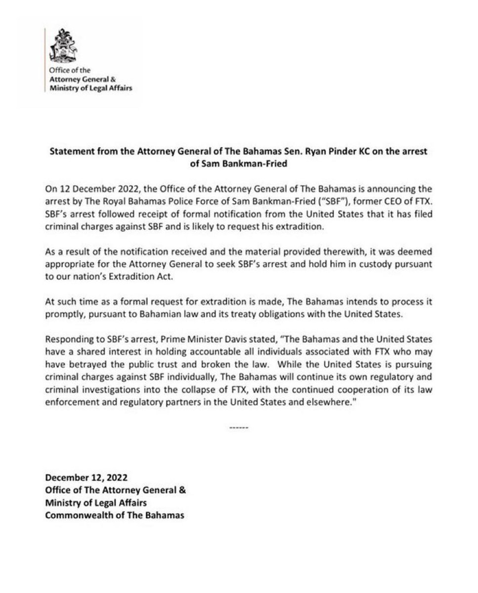 temhandev's tweet photo. #Bahamianauthorities have arrested #SBF after U.S. law enforcement filed charges against the former #crypto billionaire.
Bahamas Attorney General #RyanPinder said that the US had filed unspecified criminal charges against Bankman-Fried and was "likely to request his extradition. https://t.co/bwRFQatnyf