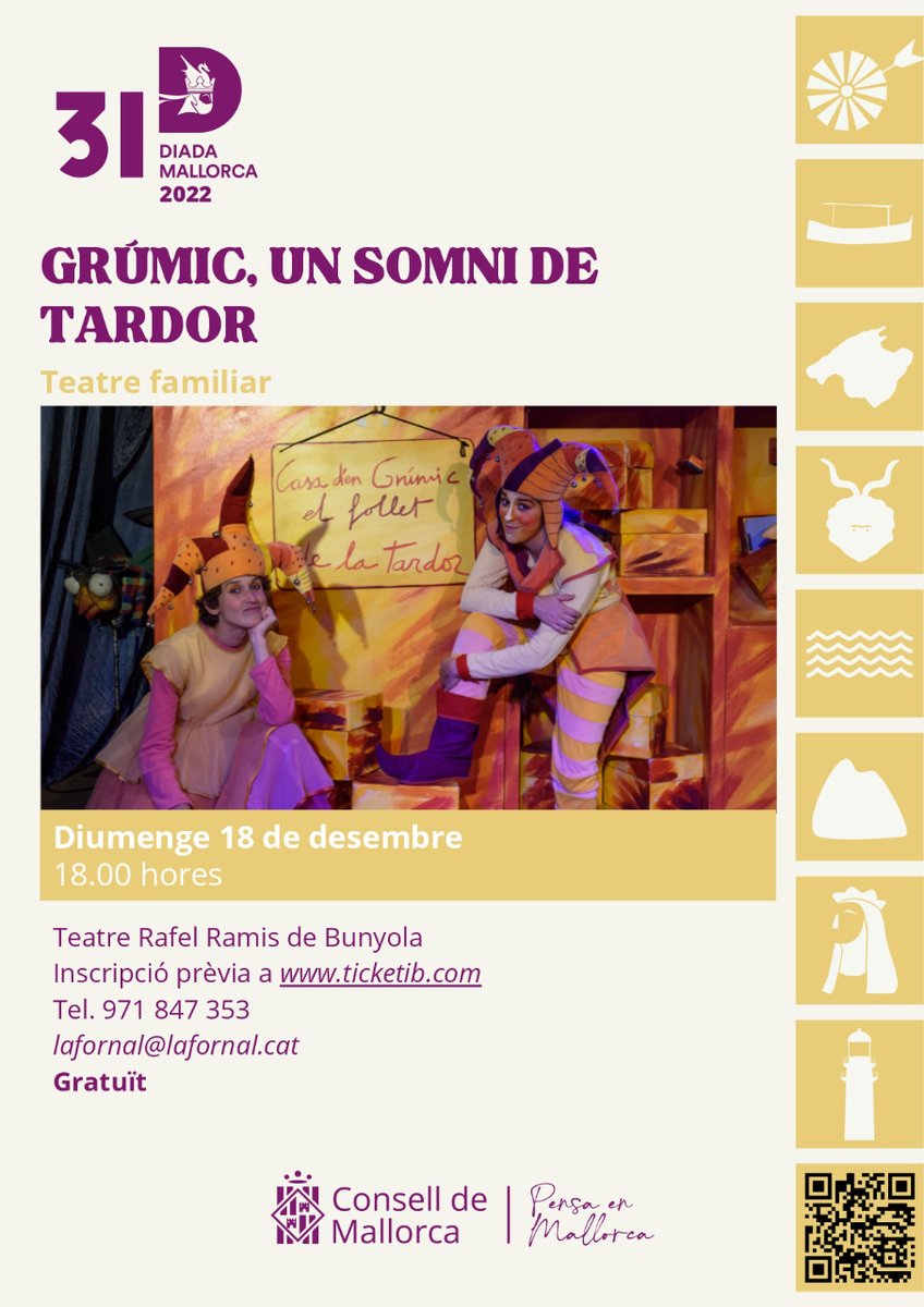 #DiadaDeMallorca2022 | Teatre familiar 🎭

💭 Grúmic, un somni de tardor
📅 Dia: Diumenge, 18 de desembre
⏰ Hora: 18h
📍 Ubicació: Teatre Rafel Ramis de Bunyola

🎫 Treu la teva entrada gratuïta aquí 👉 web.conselldemallorca.cat/diada

#AgermanemMallorca