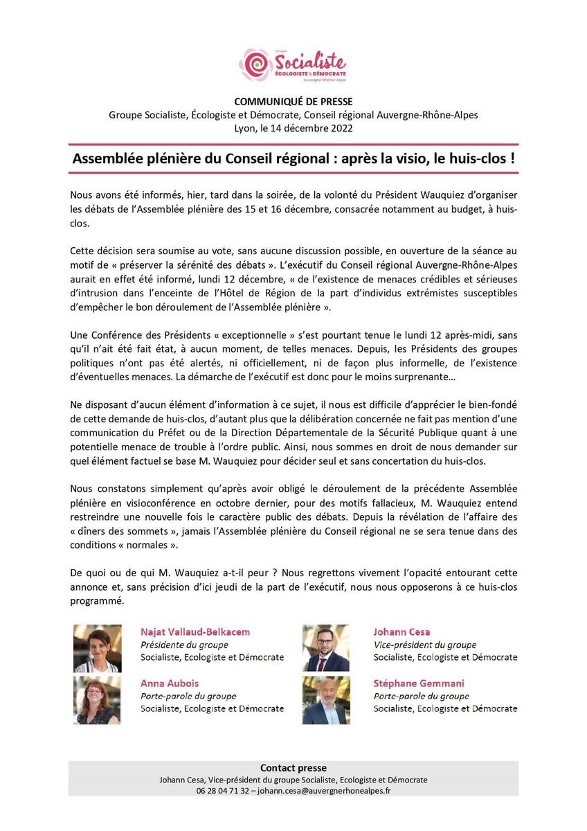 SocialistesAuRA's tweet image. 🚨 [COMMUNIQUÉ DE PRESSE]

👉Assemblée plénière du Conseil régional : après la visio, le huis-clos !