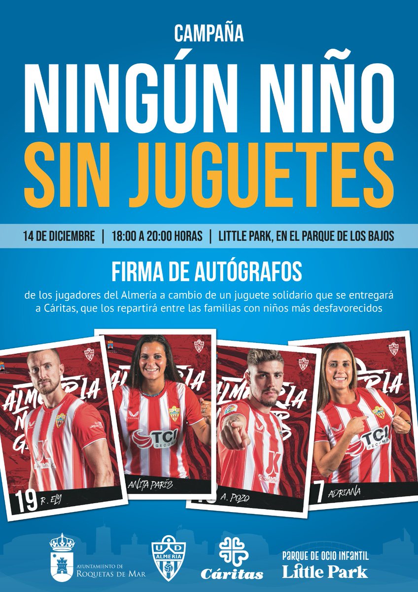 ✍️ ¿Quieres las firmas de <a href="/RodriElyOficial/">Rodrigo Ely</a>, <a href="/Alex_Pozo9/">Alejandro Pozo</a>, <a href="/anitaparis2/">anita paris</a> y <a href="/Adrianadiaz07/">Adriana Diaz</a>?

🧸 ¡Solo tienes que llevar hoy, miércoles 14 de diciembre, la donación de un juguete al Little Park, en el parque de Los Bajos, de Roquetas de Mar!

⌚️ 18:00 h. a 20:00 h.

Más información ⤵️