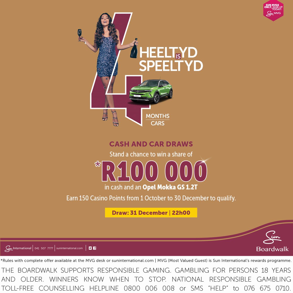 The Heeltyd is Speeltyd final car draw takes place on 31 December at 22h00. Earn 150 Casino Points from 1 October until 30 December to stand a chance to win a beastly Opel Mokka or a share of R100 000 in cash! 🤩

Find out more: bit.ly/3HsRaXN