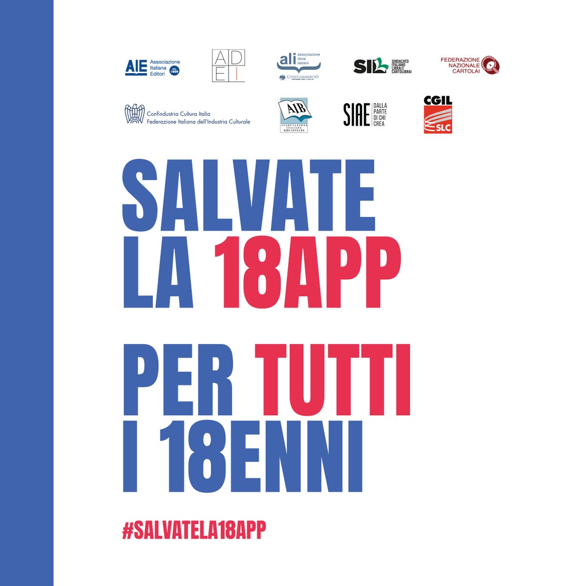 Tutto il mondo del libro italiano unito chiede al Parlamento e al Governo di confermare la 18app. E di farlo con l’attuale dotazione e per tutti, indipendentemente dal reddito. #salvatela18app <a href="/GiorgiaMeloni/">Giorgia Meloni</a> 
<a href="/g_sangiuliano/">Gennaro Sangiuliano</a> 
<a href="/fmollicone/">Federico Mollicone</a>