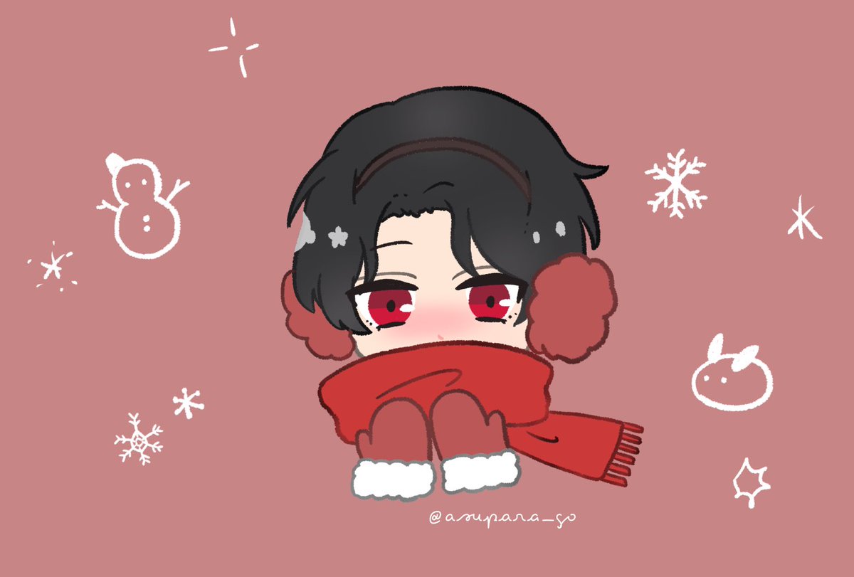 1boy male focus scarf earmuffs snowflakes red eyes black hair  illustration images