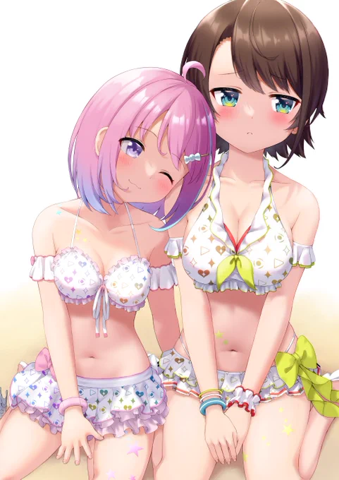 > アヒル座りの水着姫森ルーナちゃんと大空スバルちゃんお願いします #odaibako_atelier_kanata ホロサマの水着でリメイクしました!#プロテインザスバル #ルーナート 