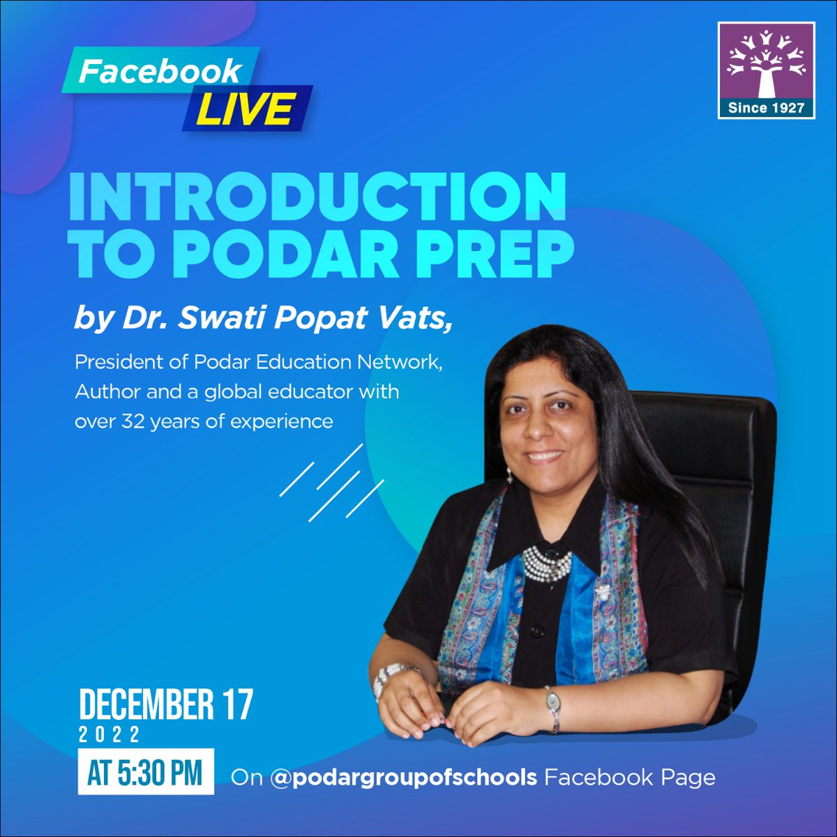 PodarIndia's tweet photo. Tune in to Podar Group of Schools Facebook page to join Dr. Swati Popat Vats LIVE - as she gives you an introduction to Podar Prep, a complete overhaul of Podar Jumbo Kids brand.
You can interact with her LIVE on Saturday, 17 Dec 22, at 5:30 PM
#MoreThanGrades #FbLive #PodarPrep https://t.co/JPO9A615zM