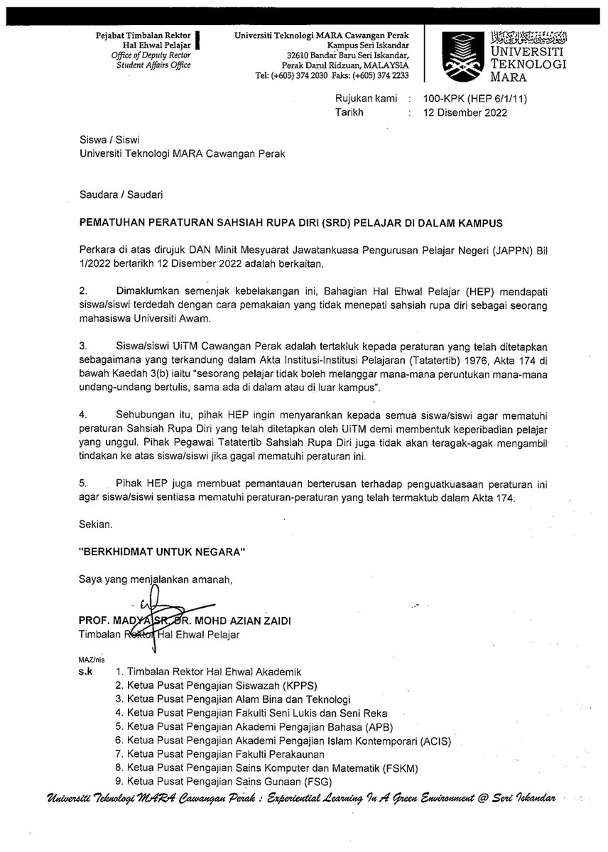 emasperak_em's tweet photo. [_INFO:PERUNDANGAN DAN ETIKA_]

❗ PEMATUHAN SAHSIAH RUPA DIRI❗

🎗Assalamualaikum dan Salam UiTM di hatiku🎗

📌 Diingatkan kepada pelajar untuk mematuhi Sahsiah Rupa Diri (SRD) yang ditetapkan bagi mengelakkan tindakan saman atau sewajarnya dari pihak UiTM Cawangan Perak. https://t.co/iwgtDzqhRS