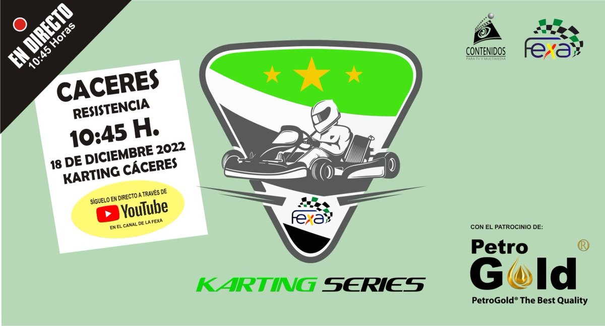 Llega la última carrera de la temporada 2022, las 3 Horas de Resistencia de Karting en el circuito de Cáceres, el próximo domingo, desde las 10:45 hora en directo a través del canal de #Youtube de la  FEXA, con la producción de Contenidos.tv y el patrocinio de PetroGold