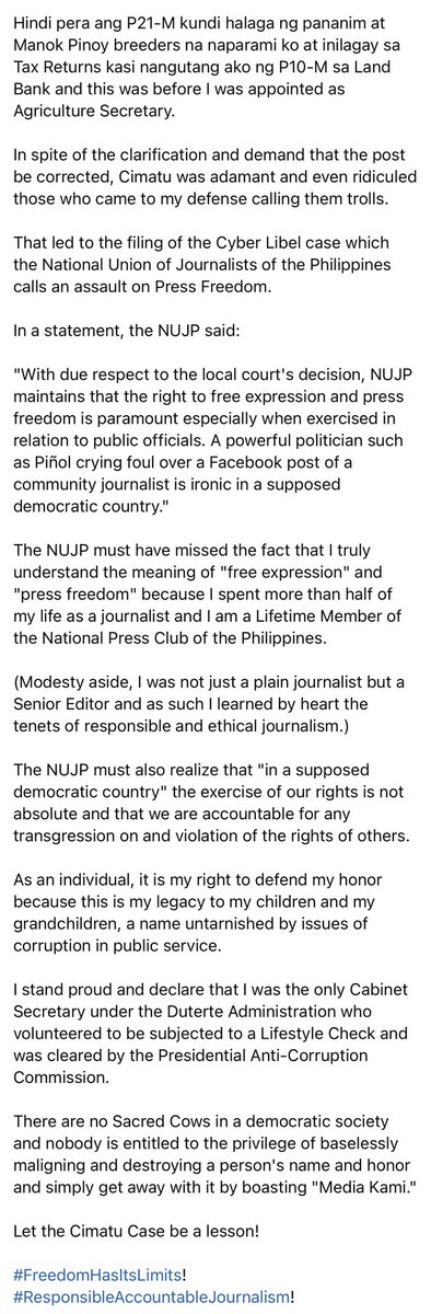 altGenie's tweet photo. Manny Piñol on winning his suit vs Rappler journo on malicious disinformation:
There are NO sacred cows in democracy and nobody's entitled to malign or destroy a person's name & honor and simply get away with it by boasting "We are the Press"
#HoldTheLine
#ResponsibleJournalism https://t.co/ZTj3UP1j6P