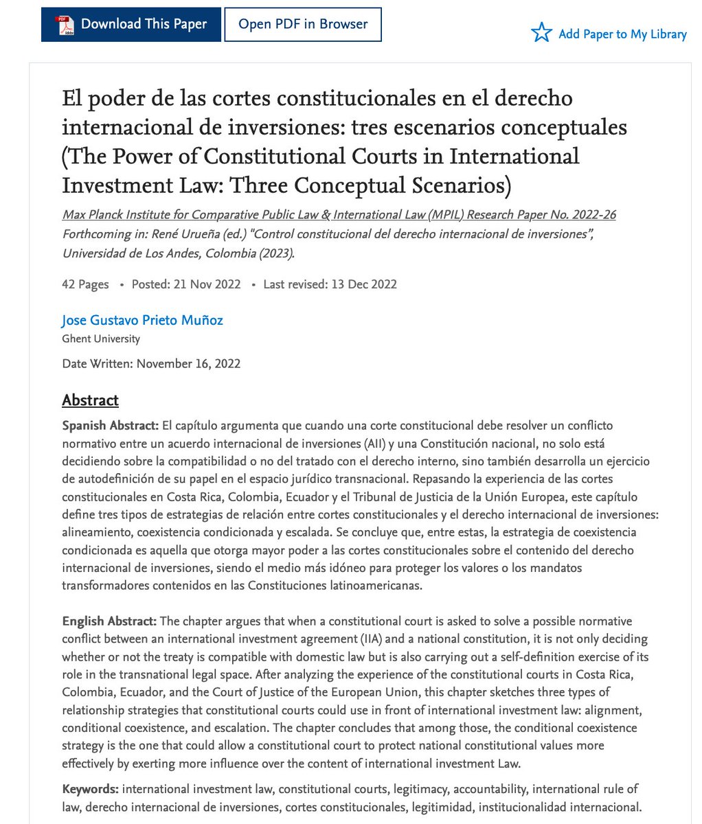 MPILheidelberg's tweet photo. In #MPIL Research Paper No. 2022 – 26 @gpriet examines the role constitutional courts adopt when faced with international investment law. The conditional coexistence strategy seems most promising.
#InternationalInvestmentLaw #constitutionalcourts
👉https://t.co/MUsjH5Yeom https://t.co/5sRJ3LkzLv