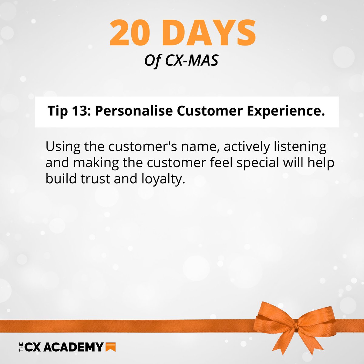 TheCXAcademy1's tweet photo. β‘ Tip 13: Personalise Customer Experience
Using the customer's name, actively listening and making the customer feel special will help build trust and loyalty.
#cxmas #cxleaders #customerexperience #personalisation #business https://t.co/nK6Ylm1GXW
