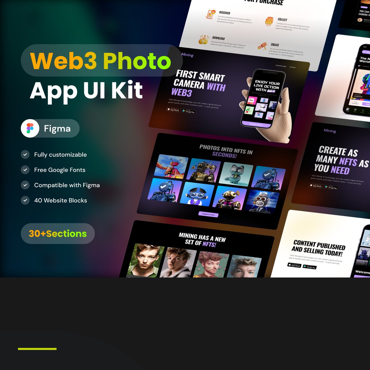 Web3 Photo App UI Kit 
Download Now: uihut.com/web-designs/we… 
Mining is a photo-sharing app that enables creators to share their content on any social media platform. This file is clean, minimalistic, and attractive. 
#websitetemplate #webtemplate #BrightGraduation #uxdesign