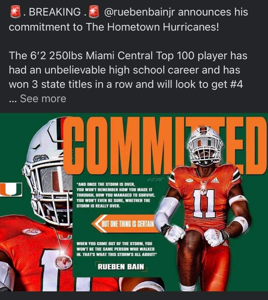 @hurricanesmarsh This aged well. LOL. 
Reuben 'Hurricane' Bain Jr. is a Cane! 
🏈 Yo! Let's Go! #MetroRailBoyz 🏈
🧡💚🙌 #ItsAllAboutTheU 🙌💚🧡